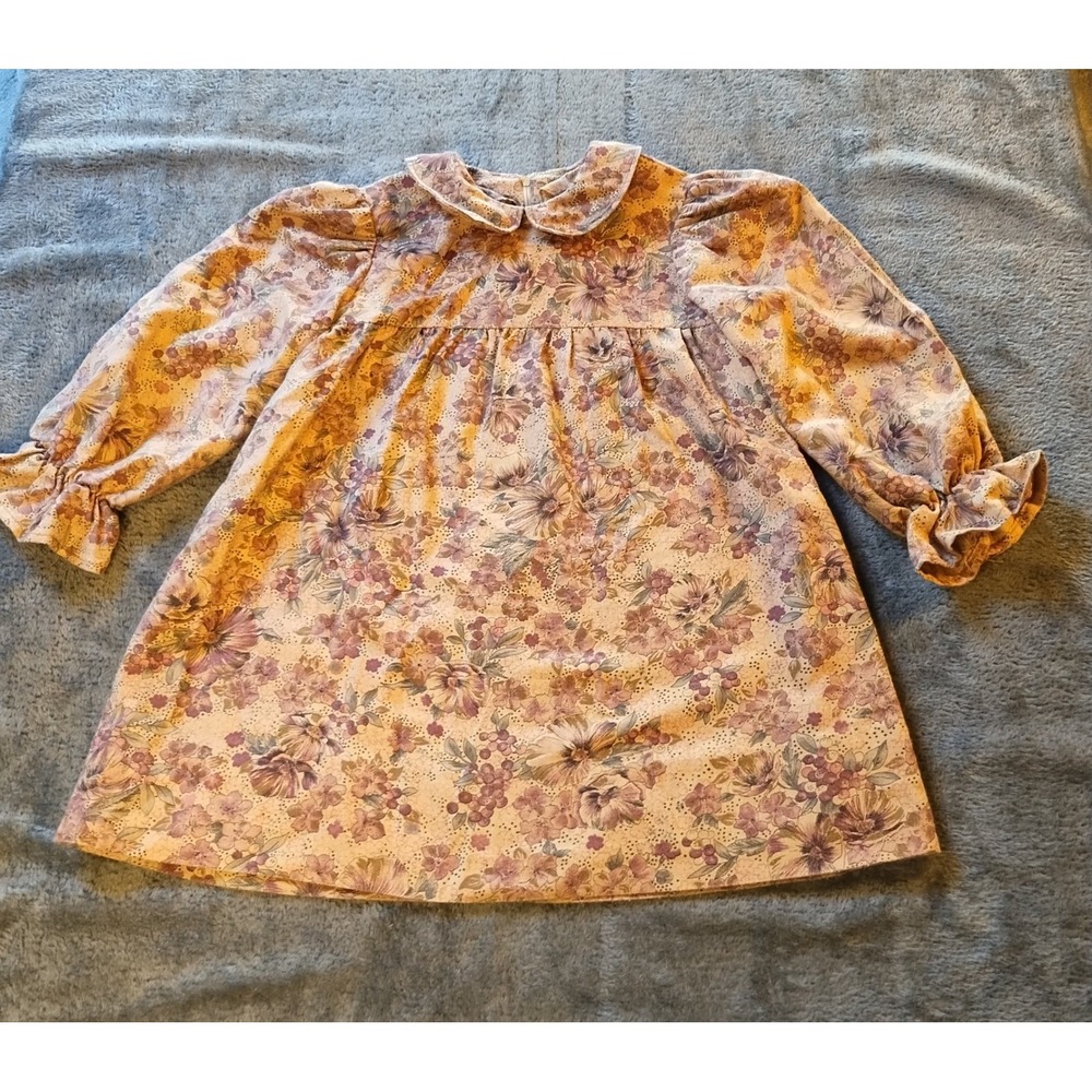 VTG Floral0 Print Prairie Dress Peter Pan Collar‎ Ruffle Cuff Tan Purple 3T READ